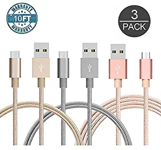 Micro USB Cable Android, AUSURE 3 Pack 10 Ft Premium Nylon Braided USB 2.0 A Male to Micro B Data Sync and Charging Cable Cord for Samsung, Motorola, HTC and More Android Devices (Gold+Gray+Pink)