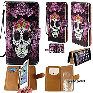 Universal PU Leather Strap Case/Purse/Clutch Fits Apple Samsung LG etc. Purple Flower Skull Head -Large. Magic Sticker Attaches Phone to Wallet. Strong Adhesive/Easy Remove. Fits Models Below: