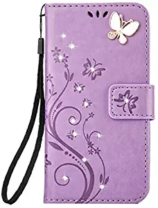 LG Aristo Case,LG K8 2017 Wallet Case,LG LV3 Case Flip Case PU Leather Flip Folio Kickstand Handmade 3D Bling Diamond Butterfly Flower Wallet Case with Card Slots for LG K8 2017 (Light Purple)