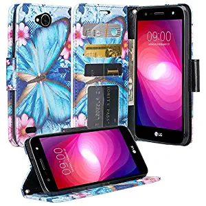 LG X Power 2 Case, LG X Charge Case, LG Fiesta LTE Flip Folio [Kickstand Feature] Pu Leather Wallet Case with ID&Credit Card Slot for LG X Power 2/LG Fiesta/LG X Charge - Blue Butterfly
