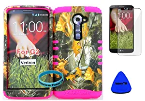 Wireless Fones TM High Impact Hybrid Rocker Case for LG G2 VS980(Verizon only) Hard Mossy Camouflage One Oak Design on Pink Silicone with Screen Protector, iSavvy Pry Tool & Wrist Band