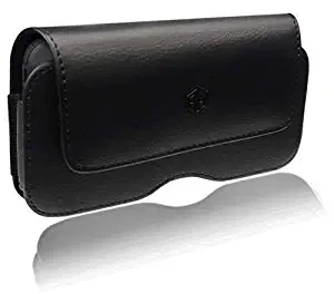 UNIVERSAL Horizontal Leather Cell Phone Belt Pouch, Compatible WITH 6.5" to 7" PHONE or CASE Holster Clip fits Otterbox Defender Case/Battery Case/EXTRA Big Case On - Inside Dims [7" X3.86" X 0.71"]