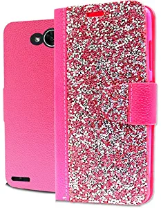 Express Wireless PU Leather Rock Wallet Case Cover w/Card Storage and Strap for LG X Charge/X Power 2 / Fiesta LTE / K10 Power 2017 Phone (Pink)
