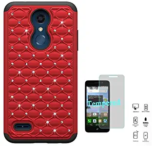 LG Phoenix Plus Case (AT&T), LG K30 Case (T-Mobile), LG Harmony 2 Case, Studded Rhinestone Diamond Bling Cover Case for LG Premier Pro 4G LTE Prepaid Smartphone + Tempered Glass Screen Protector (Red)