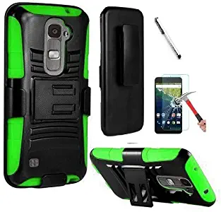 LG K8 Case, LG Escape 3 Case, LG Treasure L52VL case, Luckiefind® Hybrid Armor Stand Case with Holster and Locking Belt Clip, Stylus Pen, Tempered Glass Screen Protector Accessory (Holster Green)