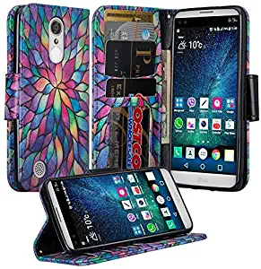 LG K20 V Case, LG K20 Plus Case, LG Harmony Case, LG V5 Case, LG Grace, LG K10 2017 Wrist Strap [Kickstand] Pu Leather Wallet Case with ID&Credit Card Slot for LG K20 Plus/LG K20 V - Rainbow Flower