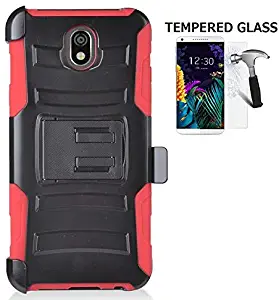 Phone Case for LG Arena 2 / LG Journey LTE/LG K30 (2019) LM-X320 / LG Escape Plus, Shockproof Holster Case Cover and Swivel Belt Clip (Red + Tempered Glass)