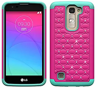 LG K7/LG Tribute 5 Case, LG K7/LG Tribute 5 Studded Diamond Hybrid Crystal Rhinestone Case, Dual Layer Bling Silicone Skin Bumper Case For LG K7/LG Tribute 5 (Hot Pink/Teal Skin)