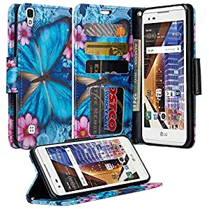 LG Tribute HD Case, LG Tribute HD Wrist Strap Flip Folio [Kickstand Feature] Pu Leather Wallet Case with ID&Credit Card Slot For LG Tribute HD - Blue Butterfly