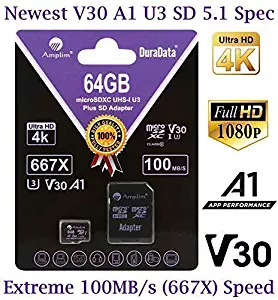 Amplim 64GB MicroSD Card Plus SD Adapter. V30 U3 A1 Class10 UHS-I Pro microSDXC Flash Memory Card. Extreme High Speed 100MB/s Micro SD SDXC Tranflash TF for GoPro, Nintendo, Cell Phones, Drone, Fire