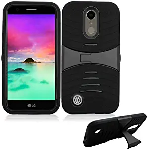 Phone Case for LG Rebel-3 LTE TracFone (L157BL GSM) (L158VL CDMA) Rugged Heavy Duty Armor Cover Stand (Armor Black Skin-Black Stand)