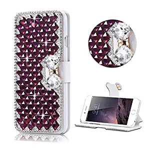 LG X Charge, LG X Power 2, LG Fiesta 2 LTE Wallet case,Bling Diamond Bowknot Shiny Crystal Rhinestone Purse PU Leather Card Slot Flip Cover Kickstand Case for Girl Woman Lady (Purple)