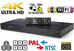 LG UHD - Dual HDMI - 2D/3D - Wi-Fi - 2K/4K - RegionFree Blu Ray Disc DVD Player - PAL/NTSC - USB - 100-240V 50/60Hz for World-Wide Use 6 Feet Multi System 4K HDMI Cable