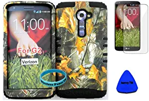 Wireless Fones TM High Impact Hybrid Rocker Case for LG G2 VS980(Verizon only) Hard Mossy Camouflage One Oak Design on Black Silicone with Screen Protector, iSavvy Pry Tool & Wrist Band