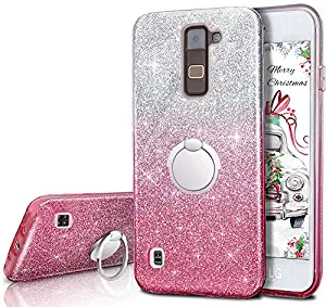 LG K7 Case, LG K8 Case, LG Treasure LTE Case, LG Tribute 5 Case, LG Escape 3 Case, LG Phoenix 2 Case, Silverback Girls Bling Glitter Case with Ring Stand, Soft TPU Cover + Hard PC Shell -Ombra Pink
