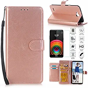 LG X Power 2 Case,LG Fiesta LTE/LG X Charge Case,LG LV7 Case with Screen Protector, I VIKKLY [Kickstand] Magnetic Snap Premium PU Leather Folio Flip Wallet with 5 Card Slot and Wrist Strap (Rose Gold)