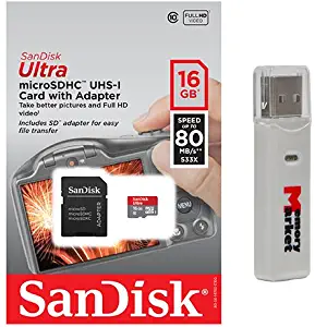 SanDisk Ultra 16GB MicroSD HC Class 10 UHS-1 Mobile Memory Card for LG K10 K7 K5 K4 G Vista 2 Tribute 2 Bello II G4 Beat AKA Magna Spirit Leon Joy with MemoryMarket MicroSD & SD Memory Card Reader