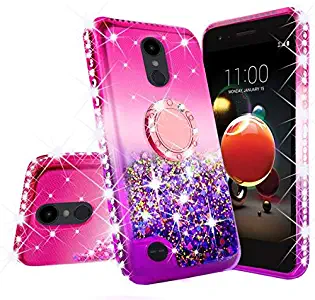 LG Rebel 4 LTE Case,LG Aristo 3 Case,LG Zone 4 Case, LG Phoenix 4 Case,LG Risio 3/Aristo 2 Plus Case,Cute Ring Liquid Glitter Phone Case Cover Kickstand Bling Diamond for Girls Women (Hot Pink/Purple)