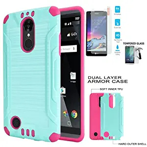 Phone Case for LG Rebel-4, LG Zone-4, Rebel-3, Fortune-2, Risio-3, Aristo-2, Tribute-Dynasty, Phoenix-4 Tempered Glass Brush Dual-Layered Cover (Combat Brush Teal-Pink TPU-Tempered Glass Screen)