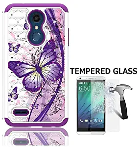 LG Phoenix Plus Case (AT&T), LG K30 Case (T-Mobile), LG Harmony 2 Case, Dual Layer Crystal Cover Case for LG Premier Pro 4G LTE Prepaid Smartphone + Tempered Glass (White-Purple Butterfly)