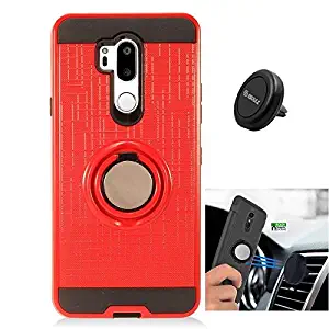 LG G7 Case, Metal Texture Ring Stand Protective Case Cover for LG G7 ThinQ with Tempered Glass Screen Protector + Air Vent Magnetic Car Mount (Red)
