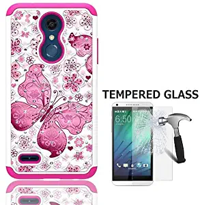 LG Phoenix Plus Case (AT&T), LG K30 Case (T-Mobile), LG Harmony 2 Case, Dual Layer Crystal Cover Case for LG Premier Pro 4G LTE Prepaid Smartphone + Tempered Glass (White-Pink Butterfly)