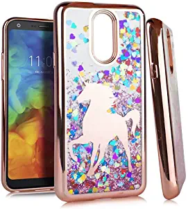 LG Q7 / Q7 Plus / Q610 Phone Case, Glitter Sparkle Bling Floating Phone case with Unicorn Image, for Women, for Girls, Rose Gold