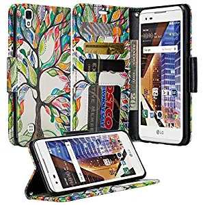 LG X Style Case, LG Tribute HD Case, LG Volt 3 Case, Wrist Strap Flip Folio [Kickstand Feature] Pu Leather Wallet Case with ID&Credit Card Slot - Colorful Tree