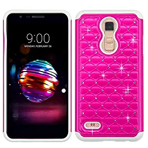 Insten FullStar Dual Layer [Shock Absorbing] Protection Hybrid PC/TPU Rubber Case Cover with Diamond Compatible with LG Harmony 2/K10 (2018)/K30/Phoenix Plus/Premier Pro LTE (L413DL), Hot Pink/White