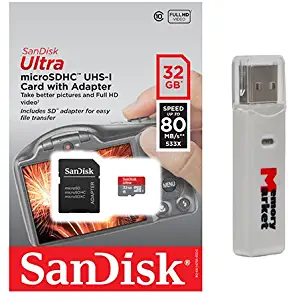 SanDisk Ultra 32GB MicroSD HC Class 10 UHS-1 Mobile Memory Card for LG K10 K7 K5 K4 G Vista 2 Tribute 2 Bello II G4 Beat AKA Magna Spirit Leon Joy with MemoryMarket MicroSD & SD Memory Card Reader