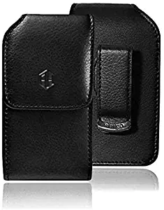AccessoryHappy Vertical Leather Belt Case, 360 Rotating PU Leather Flip Phone Pouch Case Hip Holster Belt Clip Case Fits Most FLIP Phones (Black)