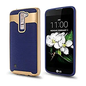 LG K10 Case,LG Premier LTE Case,Lantier [Thin Slim Fit][Hard PC+Soft Silicone][Shock Absorption] [Anti-Skid] Wave Pattern Dual Layer Hybrid Armor Cover for LG K10/Premier LTE Golden+Dark Blue
