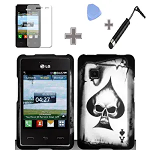 Rubberized Black Grey Ace Spade Skull Snap on Design Case Hard Case Skin Cover Faceplate with Screen Protector, Case Opener and Stylus Pen for LG 840g - StraightTalk/ Net 10/ Tracfone
