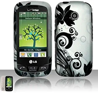 Silver Black Flower Vine Rubberized Snap on Hard Shell Cover Protector Faceplate Cell Phone Case for Verizon LG Cosmos Touch VN270, LG Attune MN270, LG Beacon + LCD Screen Guard Film + LCD Screen Guard Film (Free Wrist Band)