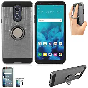 Phone Case for LG Stylo-4 Q710CS Cricket, LG Stylo4 Q710MS MetroPCS, LG Q-Stylus Tempered Glass-Textured Dual-Layered Cover Finger Holder Ring-Stand (Ring Stand Gray-Black/Tempered Glass)