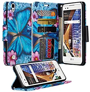 LG Tribute HD Case, LG X Style Case, LG Volt 3 Case, Wrist Strap Flip Folio [Kickstand Feature] Pu Leather Wallet Case with ID&Credit Card Slot for LG Volt 3 / LG Tribute HD (Blue Butterfly)