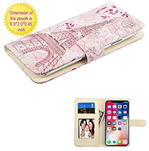Case Stylus, PU Leather Purse/Clutch/Wallet with ID/Credit Card Slots. Fits Universal Samsung, Apple, LG, etc. Paris Eiffel Tower - Medium, with Pink Flower and Stuffed Diamond. Fits The Models below: