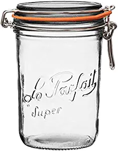 Le Parfait Super Terrine - 1L French Glass Canning Jar w/Straight Body, Airtight Rubber Seal and Glass Lid - 34 oz/1 Liter/apprx. 1 Quart (Single Jar) - Original Galvanized Wire