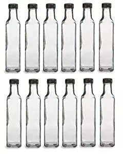 Nakpunar 12 Glass Bottles, 8.5 oz. w/Black Cap - Marasca, Quadra Bottle for Oil, salad dressing vinegar bottle, message in the bottle, wedding favors
