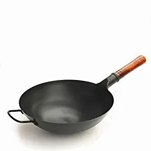 Carbon Steel Wok, YMJ Handmade Woks and Stir Fry Pans with Wooden Handle Round bottom Steel Helper Handle Non Stick Cookware Pot 13 Inch Durable