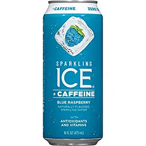 Sparkling Ice +Caffeine Blue Raspberry, Naturally Flavored Sparkling Water with Antioxidants & Vitamins, Zero Sugar, 16oz Cans (Pack Of 12)