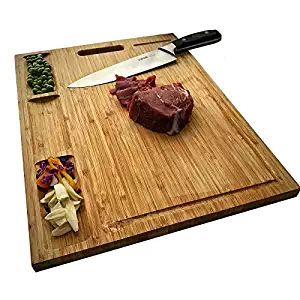 HHXRISE Large Organic Bamboo Cutting Board For Kitchen, With 3 Built-In Compartments And Juice Grooves, Heavy Duty Chopping Board For Meats Bread Fruits, Butcher Block, Carving Board, BPA Free