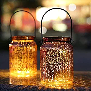 SUNWIND Solar Mercury Glass Jar Lights - 2 Pack Bronze Table Lamps Hanging Indoor Outdoor Lights for Patio Garden Lawn Wall Décor