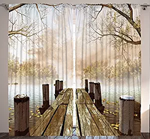 Ambesonne Curtains for Living Room, Fall Wooden Bridge Curtains Rustic Country Theme Home Decorations for Bedroom Kids Room Nature Picture Artwork 2 Panels Set, 108 X 84 Inch, Brown Yellow Green