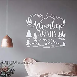 BATTOO Inspirational Quote Decal - Adventure Await Wall Decals Sticker - Mountain Trees Birds Nature Theme Wall Art DIY Decoration Plus Free Hello Door Decal, Large - White