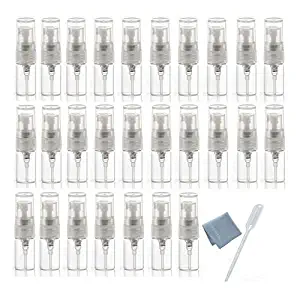 Elfenstall- 30pcs Mini Clear 2ml 5/8Dram Atomizer Vial Glass bottle Spray Refillable Perfume Empty Sample Bottle Clean Cloth Free 3ML Pipette for Travel Party