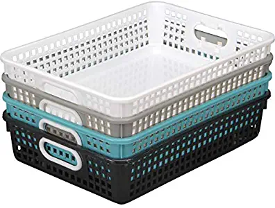 Really Good Stuff Plastic Desktop Paper Storage Baskets for Classroom or Home Use – Plastic Mesh Baskets in Neutral Colors – 14.25” x 10” – (Set of 4)