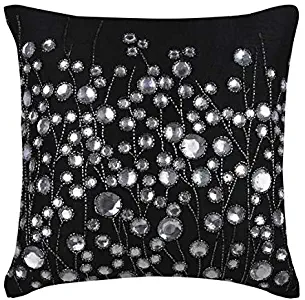 The HomeCentric Luxury Black Accent Throw Pillows 16x16 inch (40x40 cm), Silk Decorative Pillow Covers, Nature & Floral, Garden, Crystals, Modern Designer Throw Pillow Covers - Black Crystal Garden