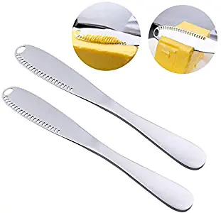 Butter Knife Multi-Function Stainless Steel Butter Spreader & Curler with Serrated Edge, Shredding Slots for Cutting Vegetables Fruit Cheese, 2 Pack Silver