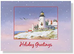 Designer Greetings Red Farm Studio - Boxed Christmas Cards Nautical/Coastal Design; Winter Scene of a Lighthouse